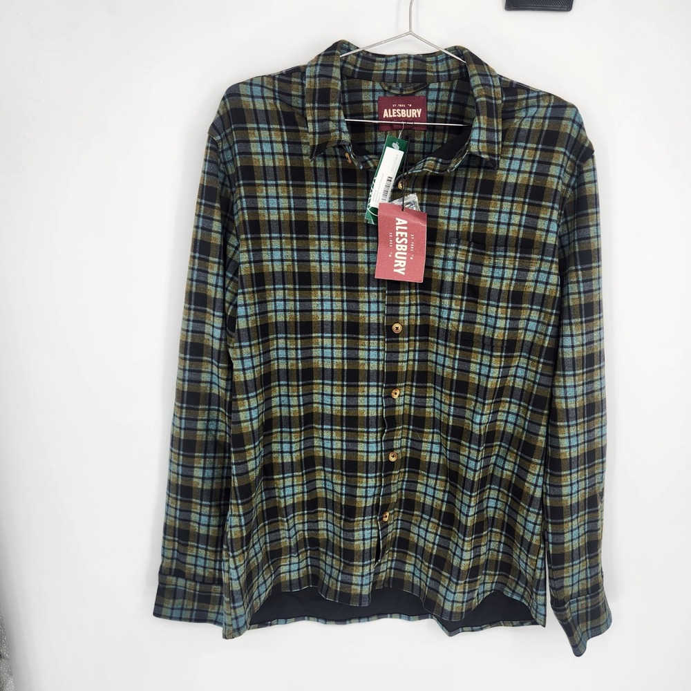 Alesbury Mountain Knit Flannel Shirt Mens Large Black Blue Plaid Long Sleeve NWT